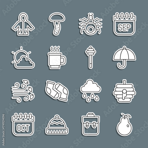 Set line Pear, Hive for bees, Umbrella, Spider, Cup of tea, Sun and cloud weather, Raincoat and Honey dipper stick icon. Vector