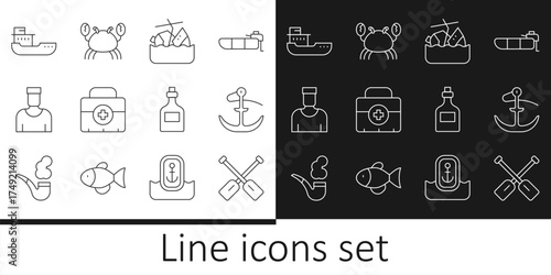 Set line Paddle, Anchor, Sinking cruise ship, First aid kit, Sailor captain, Cargo, Rum bottle and Crab icon. Vector