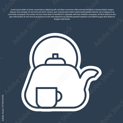 Blue line Traditional tea ceremony icon isolated on blue background. Teapot with cup. Vector