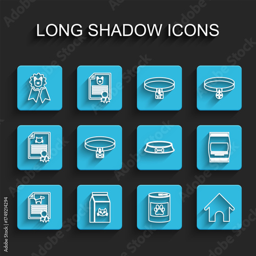 Set line Certificate for dog or cat, Bag of food, Dog award symbol, Canned, house, collar, and Pet bowl icon. Vector