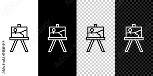 Set line Wood easel or painting art boards icon isolated on black and white background. Vector
