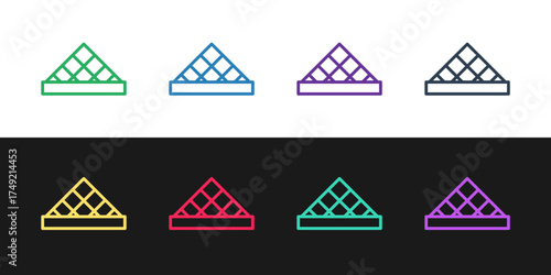 Set line Louvre glass pyramid icon isolated on black and white background. Louvre museum. Vector