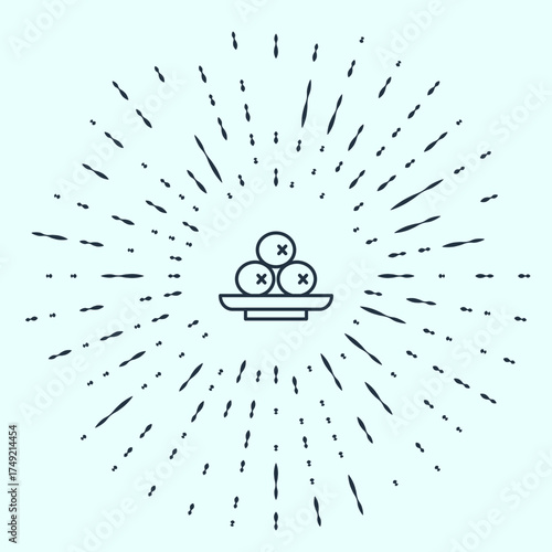 Black line Olives on plate icon isolated on grey background. Abstract circle random dots. Vector
