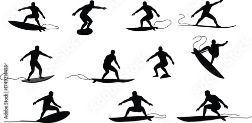 Silhouette of surfers riding waves, surfing action poses collection, extreme sport, ocean lifestyle, summer adventure, surfboard balance and motionSilhouette of surfers riding waves, surfing 