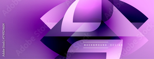 Abstract purple design features layered geometric shapes. Gradient colors create dynamic visual effect. Modern background for projects.