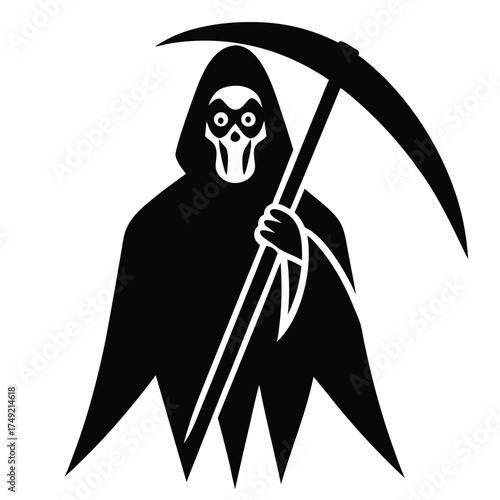 A cartoon illustration of the grim reaper with a sword and a skull in a gothic black fashion design for Halloween