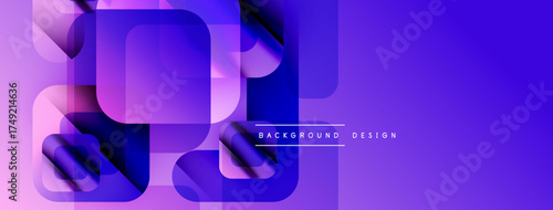 Abstract purple design features overlapping squares, rectangles. Gradient shades create depth, modern aesthetic. Minimal text present.