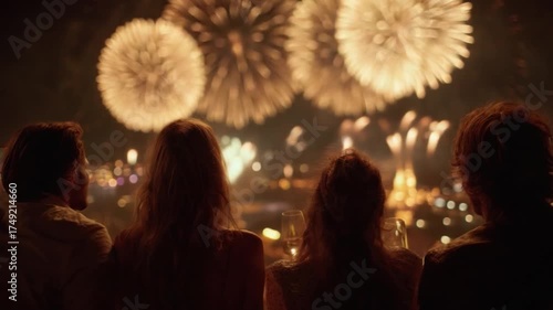 A luxury city rooftop with a group of friends celebrating, a scene of city rooftop fireworks and a golden glow celebration.