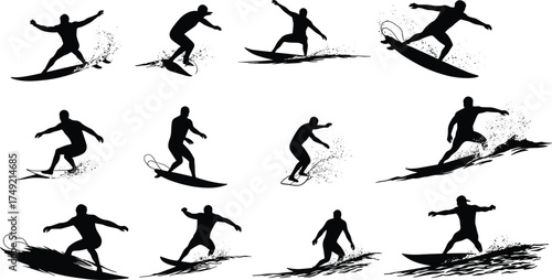 Silhouette of surfers riding ocean waves, surfing action poses, extreme water sport, summer beach lifestyle, surfboard balance and sea adventureSilhouette of surfers riding ocean waves, 