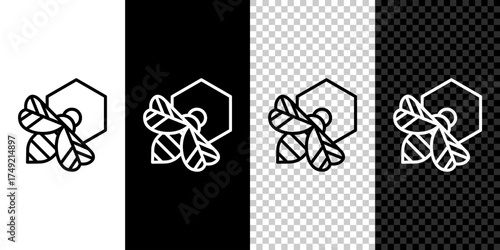 Set line Bee and honeycomb icon isolated on black and white, transparent background. Honey cells. Honeybee or apis with wings symbol. Flying insect. Sweet natural food. Vector