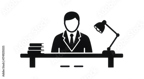 Billede på lærred Isolated businessman at desk with books and lamp, symbolizing work, study and pr