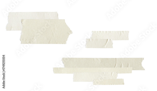 group of overlapping wide strips of light beige paper masking tape with ripped edges, arranged randomly and isolated on a pure transparent background.