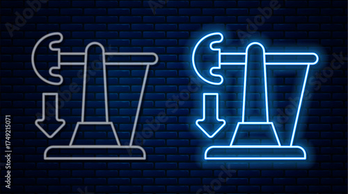 Glowing neon line Drop in crude oil price icon isolated on brick wall background. Oil industry crisis concept. Vector