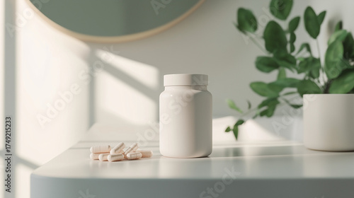 Minimalist probiotic supplement bottle with capsules on bathroom counter