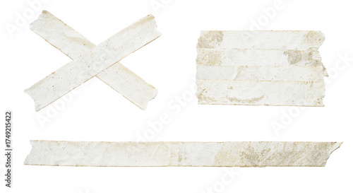 grunge photograph of three different shapes created from dirty, old beige masking tape strips, including an 'x', isolated on a transparent background.
