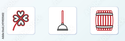 Set line Wooden barrel, Four leaf clover and Rubber plunger icon. Vector