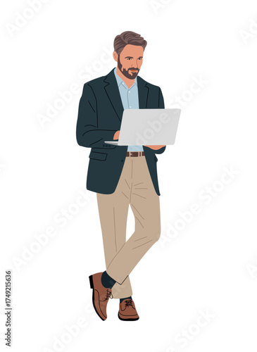 Minimalist vector illustration of a professional man in business casual attire holding a laptop, clean lines, solid colors, relaxed pose, isolated on transparent background, modern corporate style
