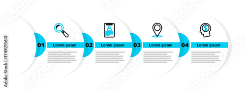 Set line Business man planning mind, Map pin, Identification badge and Magnifying glass icon. Vector