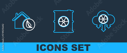 Set line Acid rain and radioactive cloud, Eco friendly house and Radioactive waste barrel icon. Vector