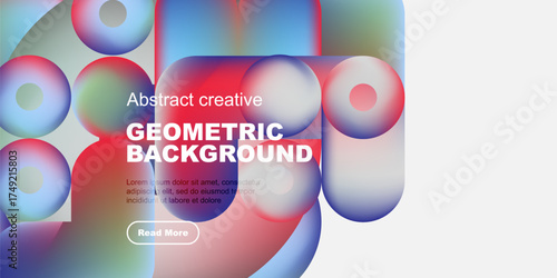 Abstract geometric shapes, vibrant colors, modern design. Text overlay includes geometric background, plus sample text, button.