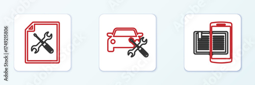 Set line Smartphone and book, File document service and Car icon. Vector