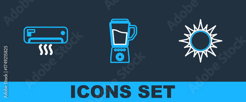 Set line Sun, Air conditioner and Blender icon. Vector