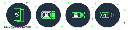 Set line Museum ticket, Train, Cover book travel guide and Airline icon. Vector