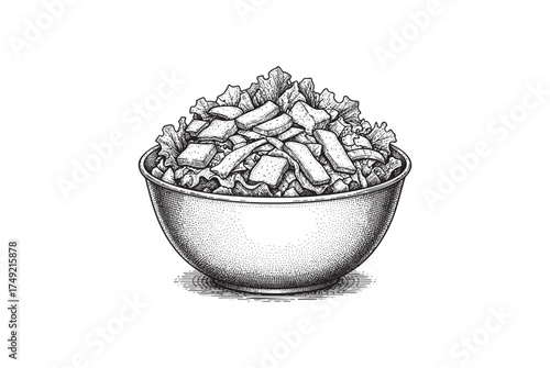 Caesar Salad Bowl Full of Lettuce, Croutons, and Cheese, engraving vector illustration