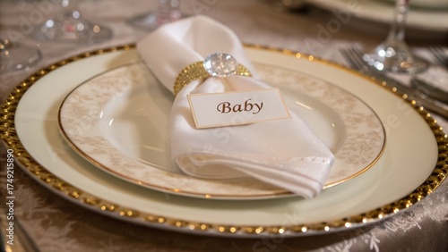 luxury baby shower decor Elegant table setting with a decorative napkin and name card for a special occasion.