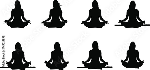 Silhouette of woman meditating in lotus yoga pose, relaxation, mindfulness, calmness, mental peace, body balance, spiritual wellness, and harmony
