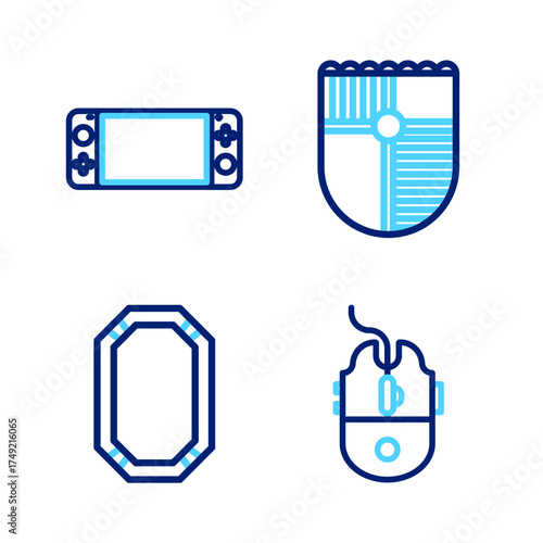 Set line Computer mouse gaming, Poker table, Shield for game and Portable video console icon. Vector