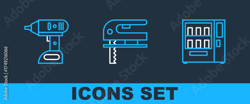 Set line Vending machine, Electric cordless screwdriver and jigsaw icon. Vector
