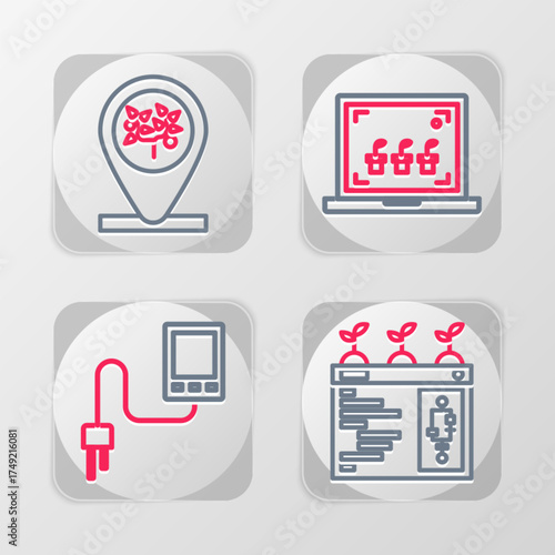 Set line Smart farming technology, Sensor, and Location and tree icon. Vector