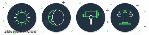 Set line Eclipse of the sun, Telescope, Sun and Libra zodiac icon. Vector