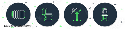 Set line Toilet bowl, Coat stand, Heating radiator and Chair icon. Vector