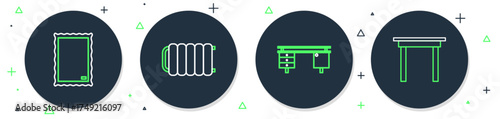 Set line Heating radiator, Office desk, Picture and Wooden table icon. Vector
