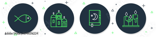 Set line Church building, Holy book of Koran, Christian fish and Burning candles icon. Vector