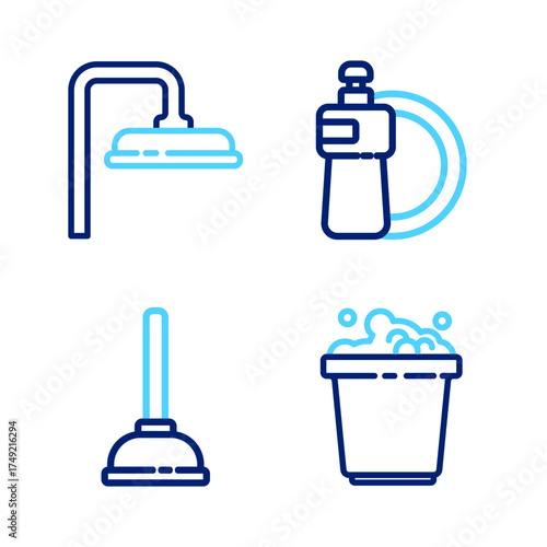 Set line Bucket with soap suds, Rubber plunger, Dishwashing liquid bottle and plate and Shower head icon. Vector
