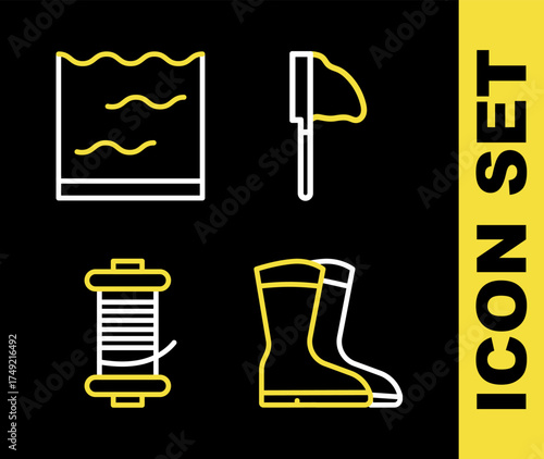 Set line Fishing net with fish, boots, Spinning reel for fishing and Aquarium icon. Vector