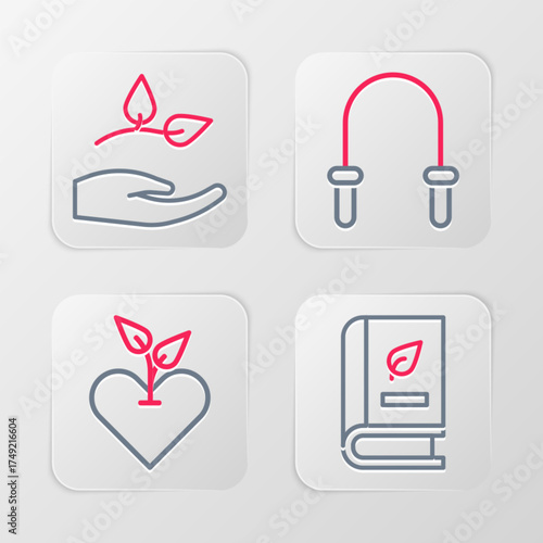 Set line Medical book, Heart, Jump rope and Leaf in hand icon. Vector