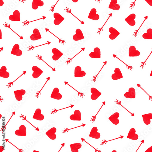 Seamless Watercolor Red Hearts and Cupid Arrows Pattern