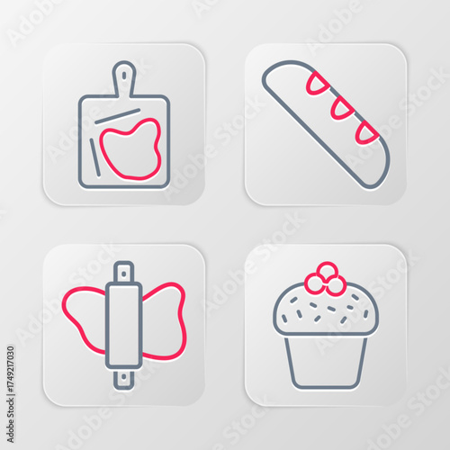 Set line Cake, Rolling pin on dough, French baguette bread and Cutting board icon. Vector