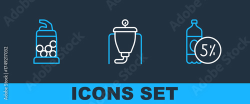 Set line Beer bottle, Bottle opener and brewing process icon. Vector