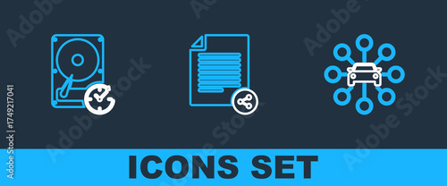 Set line Car sharing, Hard disk drive with clockwise and Share file icon. Vector