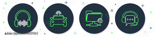 Set line Police car and flasher, FTP settings folder, Headphone sound waves and Headphones with speech bubble icon. Vector