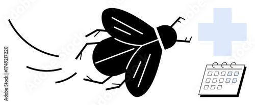 Black fly in motion near a medical cross symbol and calendar. Ideal for health awareness, hygiene, pest control, disease prevention, time management, appointments, sanitation. Simple flat metaphor