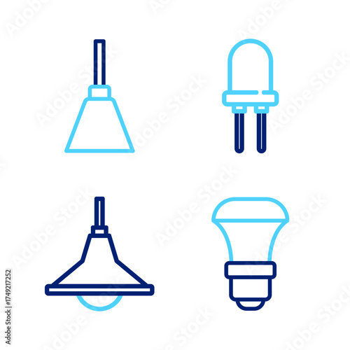 Set line LED light bulb, Chandelier, Light emitting diode and icon. Vector