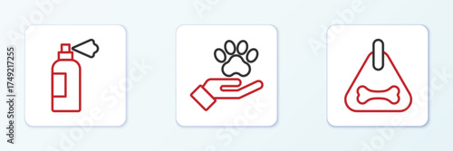 Set line Dog collar, Pet shampoo and Hands with animals footprint icon. Vector