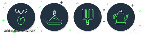 Set line Seed, Garden pitchfork, Sprout and Watering can icon. Vector