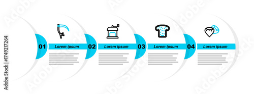 Set line Seed, Bread toast, Manual coffee grinder and Scythe icon. Vector